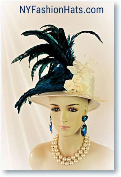 Kentucky Derby Hat, Hats For Horse Races, Ivory Off White Peacock Blue Satin Formal Hat, Couture Statement Designer Hats, Wedding Hat, Dina - Image 3