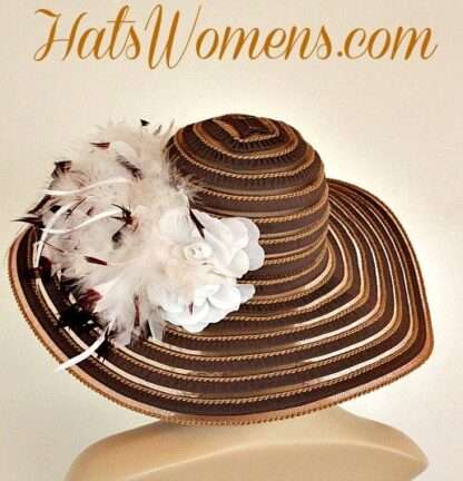 Ladies Brown White Wide Brim Church Wedding Designer Fashion Hat Feathers Roses, Belmont Stakes Hats - Image 3