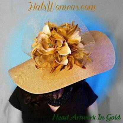 Haute Couture Antique Gold Luxury Big Large Brim Designer Hat, NYFashionHats Millinery, Hats For Horse Races, Weddings Formals, Pretty Baby - Image 3