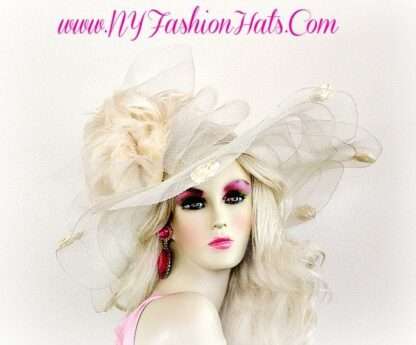 Ivory Large Sheer Brim Haute Couture Designer Hat With Feathers