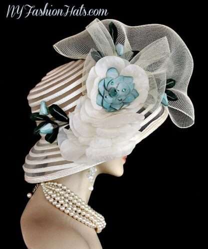 Haute Couture Luxury Statement Designer Hat, Ivory Teal Blue Green Designer Kentucky Derby Fashion Hat, NYFashionHats Millinery, Kathy - Image 3