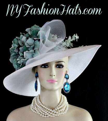 Haute Couture Luxury Statement Big Large Brim Hats, White Sage Teal Green Formal Wedding Bridal Hat, NYFashionHats Millinery, MaryAnna - Image 3