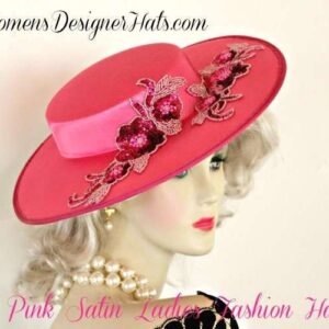 Women's Hot Pink Sequin Designer Satin Wide Brim Dress Hat, Weddings Church Formals Hats 8997
