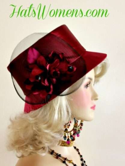 Women's Burgundy Wine Black Satin Formal Church Wedding Hats Winter Fall Spring Hats Fl8 - Image 2