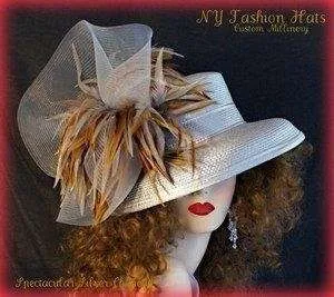 Silver Grey Designer Hat With Brown Grey Beige Tan Feathers, Gray Formal Wedding Church Temple Hats, NYFashionHats, Couture Designer Hats