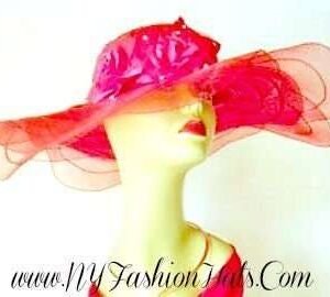 Red Wide Big Brim Sheer Hat With Roses, Kentucky Derby Hat, Hats For Horse Races, Custom Hat And Rose Colors, NYFashionHats Millinery, Dana