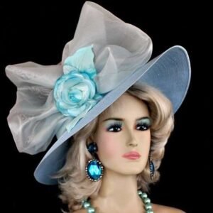 Women's Baby Blue Turquoise Large Brim Designer Hat, Wedding Bridal Dress Hat, 77tr
