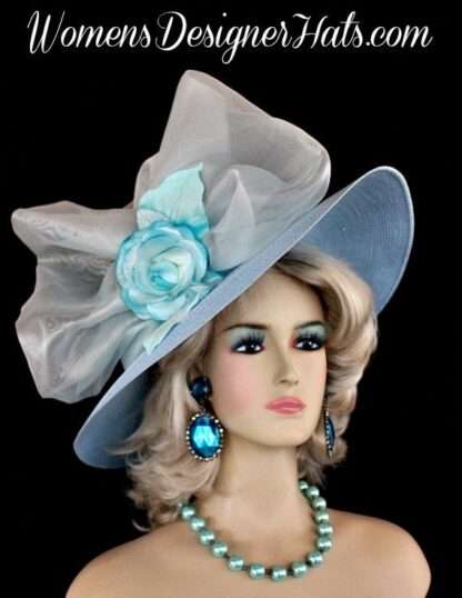 Women's Baby Blue Turquoise Large Brim Designer Hat, Wedding Bridal Dress Hat, 77tr