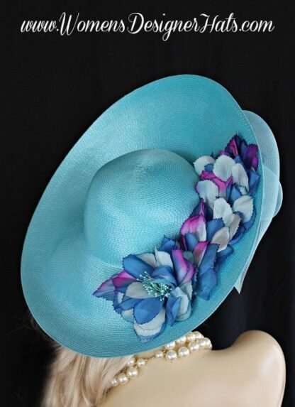 Turquoise Blue Wide Up Brim Designer Ladies Hat, Kentucky Derby Hats - Image 2