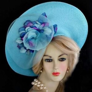 Turquoise Blue Wide Up Brim Designer Ladies Hat, Kentucky Derby Hats