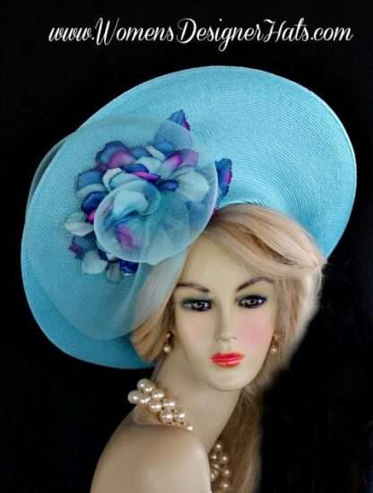 Turquoise Blue Wide Up Brim Designer Ladies Hat, Kentucky Derby Hats