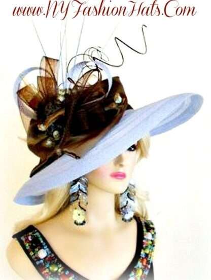 Pastel Blue And Brown Wide Brim Designer Ladies Tea Hat Church Hats P74