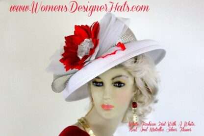 White Silver Red Kentucky Derby Hat, Women's Designer Dress Hats