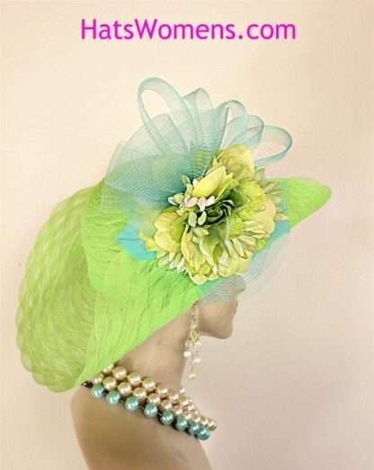 Haute Couture Designer Fashion Hat, Women's Formal Wedding Hat Lime Green Yellow Aqua Blue Lift Up Brim, QAN898 - Image 3