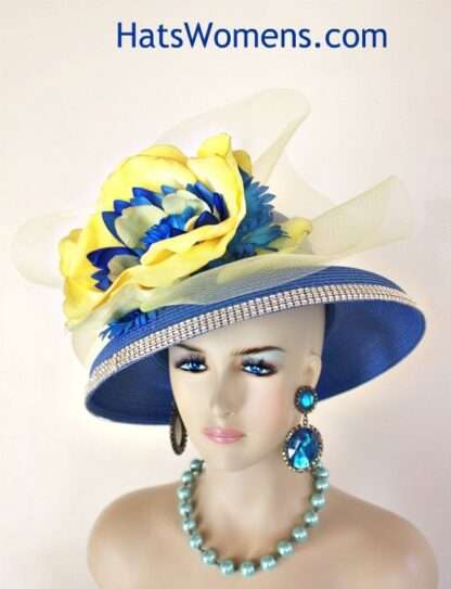 Couture Royal Blue Yellow Statement Wedding Church Fashion Hat, Royal Ascot Hat, Melbourne Cup Hat, Kentucky Derby Hat, 0213 - Image 3