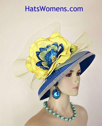 Couture Royal Blue Yellow Statement Wedding Church Fashion Hat, Royal Ascot Hat, Melbourne Cup Hat, Kentucky Derby Hat, 0213