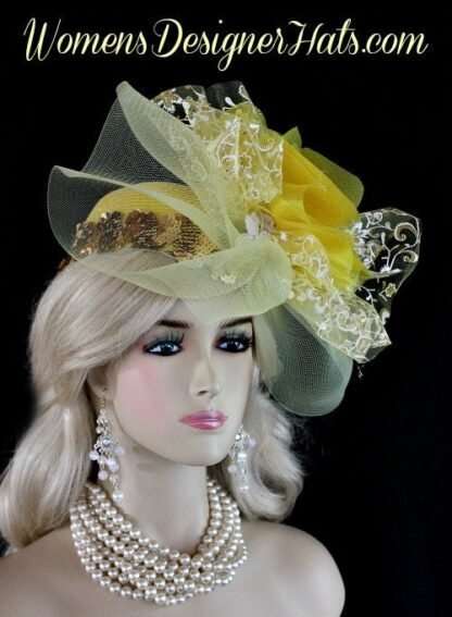 Yellow White Metallic Gold Couture Designer Pillbox Wedding Bridal Hat Cocktail Hat Headpiece