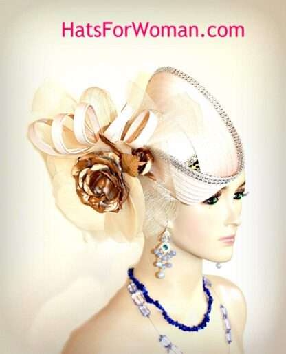 Couture Sculptured Statement Hat Wedding Ivory Beige Metallic Gold, Formal Church Dress Designer Hats 9b6