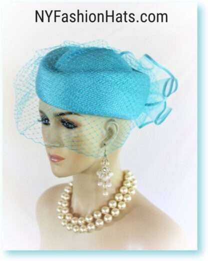 Women's Turquoise Blue Pillbox Formal Wedding Hat With A Birdcage Veil, Couture Dress Church Vintage Style Millinery 48hd - Image 4