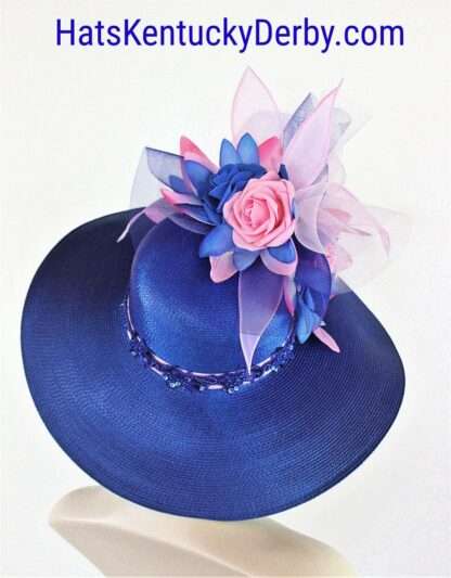 Women's Couture Statement Royal Blue Soft Baby Pink Wide Brim Fashion Church Hat, Designer Kentucky Derby Hats, Royal Ascot Melbourne, Gino - Image 4