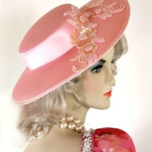Women's Pastel Pink Satin Sequin Beaded Wedding Bridal Brides Hats, Fashion Hat For Dress Up 33vn
