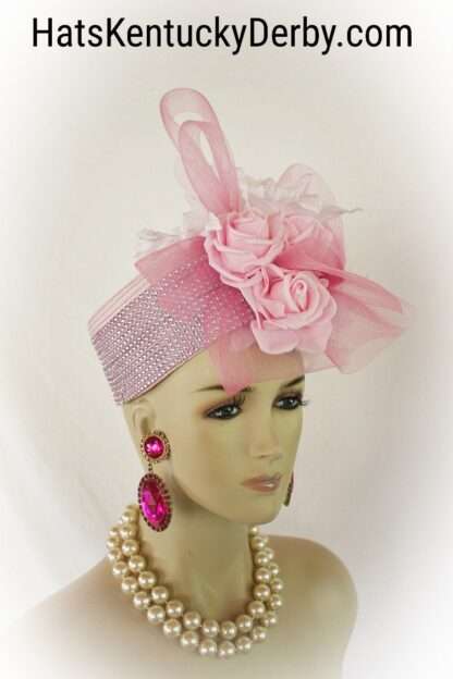 Couture Pink Kentucky Derby Oaks Pillbox Hat With Orchids, Designer Wedding Bridal Brides Headpiece, Statement Hats For Horse Races 8496 - Image 6