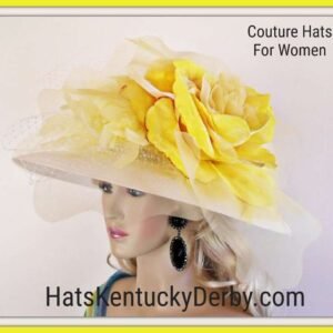 Motf Premium Couture Designer White Yellow Big Flower Hat, Wedding Church Hat, Kentucky Derby Hats Races, NYFashionHats Custom Millinery Dee