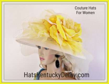 Motf Premium Couture Designer White Yellow Big Flower Hat, Wedding Church Hat, Kentucky Derby Hats Races, NYFashionHats Custom Millinery Dee