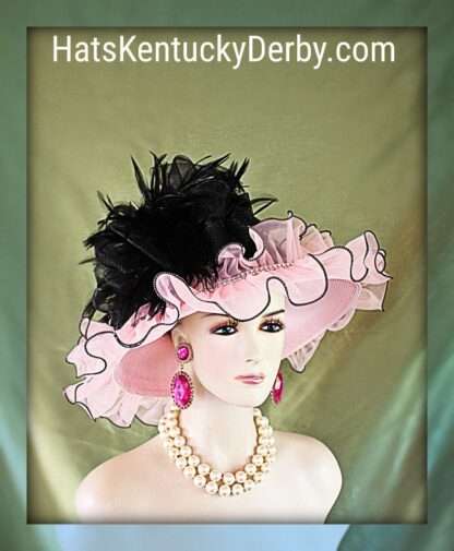 Couture Kentucky Derby Statement Hat, Pink Black Ruffled Edge Feathered Wedding Church Dress Headpiece, Hats Millinery For Horse Races Jenna