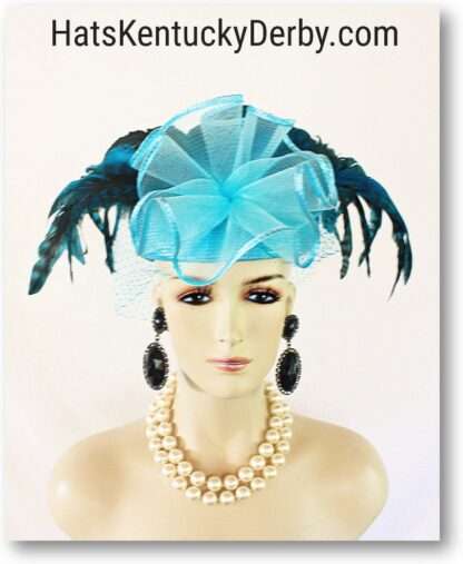 Kentucky Derby Hat, Turquoise Blue Dramatic Feather Pillbox Hat, Hats For Horse Races, Moft Premium Cocktail Hat Collection, NYFashionHats - Image 4