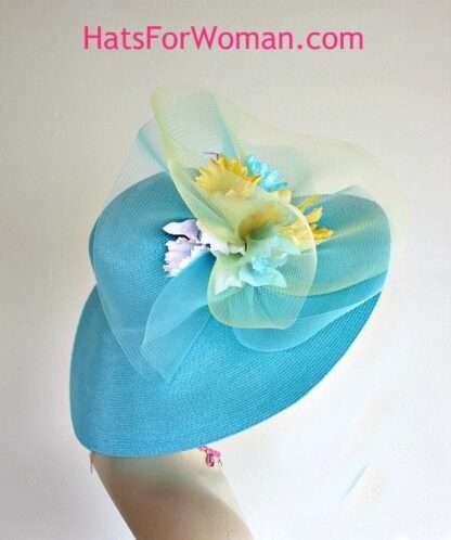 Kentucky Derby Hat, Women's Turquoise White Yellow Formal Dress Hat, Hats For Horse Races, Occasion Wedding Formal Hat, NYFashionHats Zina - Image 2