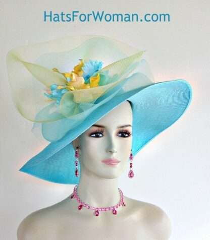 Kentucky Derby Hat, Women's Turquoise White Yellow Formal Dress Hat, Hats For Horse Races, Occasion Wedding Formal Hat, NYFashionHats Zina