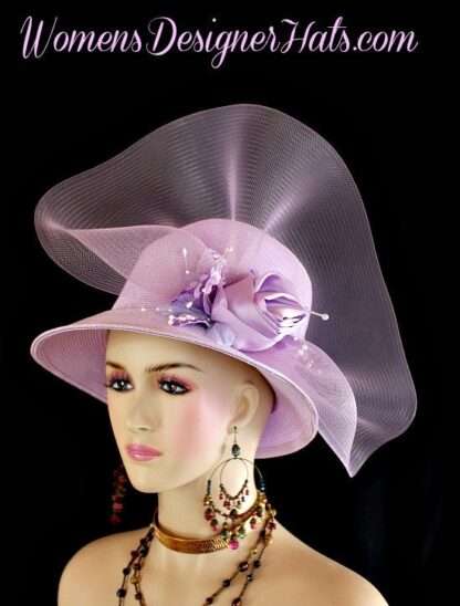 Lilac Purple Lavender Straw Satin Hat, Formal Hat For Church Temple Wedding, Bridal Hats, NYFashionHats Custom Millinery, Justine