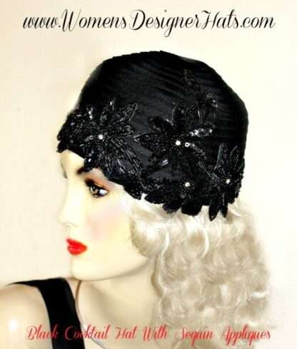 Black Satin Designer Cloche 1920s Sequin Beaded Rhinestone Flapper Hat Cocktail Pillbox Hats For Women U771