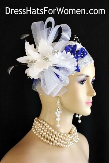 White Silver Royal Blue Satin Rhinestone Cloche Pillbox Cocktail Hat Flapper 1920's Art Deco, Wedding Church Designer Kentucky Derby Hats