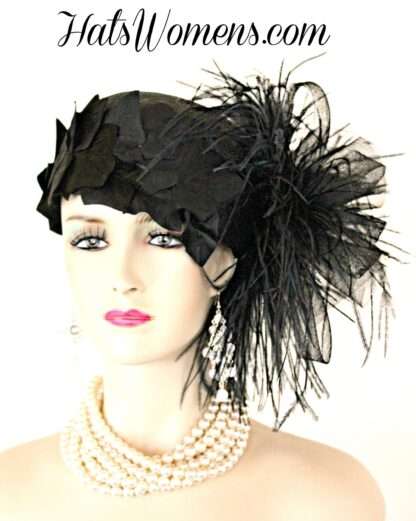 Black Sinamay Straw Cloche Flapper Vintage Wedding Bridal Cocktail Pillbox Hat, Designer Fashion Kentucky Derby Hats Feathers