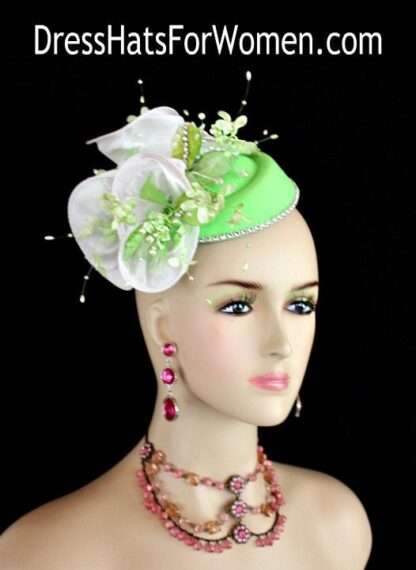 Ladies Lime Green White Mini Felt Winter Fall Pillbox Cocktail Hat Wedding Fascinator Bridal Headpiece, Church Dress Formal Hats