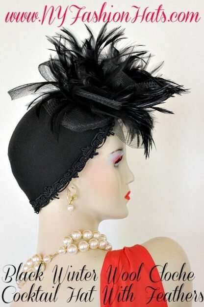 Women's Black Winter Wool Feathered Cloche Cocktail Hat Pillbox Hats Dress Designer Weddngs 7qp0 - Image 5