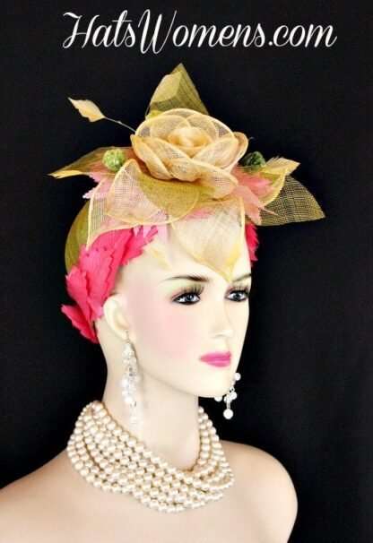 Olive Lime Green Ivory Sinamay Straw Cloche Flapper Wedding Bridal Cocktail Pillbox Hat With Hot Pink Flowers, Designer Fashion Kentucky - Image 4