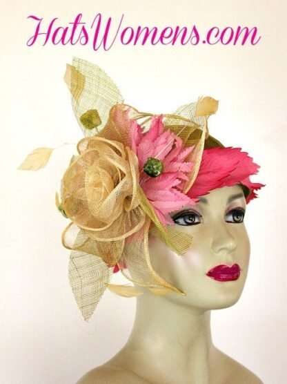 Olive Lime Green Ivory Sinamay Straw Cloche Flapper Wedding Bridal Cocktail Pillbox Hat With Hot Pink Flowers, Designer Fashion Kentucky - Image 2