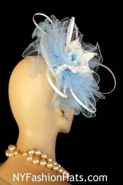 Hats For Horse Races, White Baby Blue Saucer Hat Wedding Fascinator, Kentucky Derby Hats, Royal Ascot Hat, NYFashionHats Haute Couture Hat - Image 3