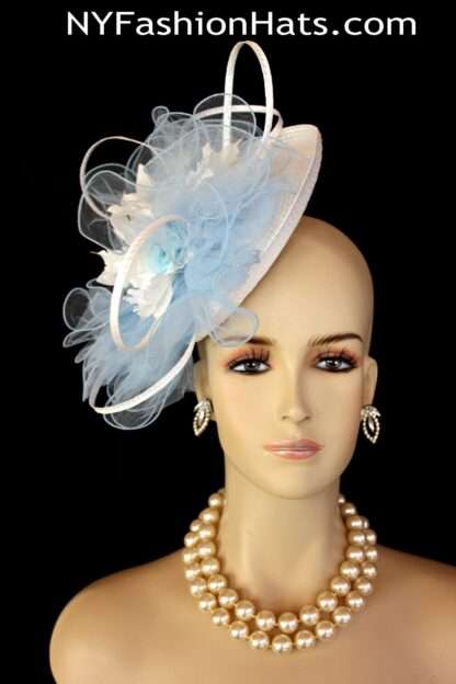 Hats For Horse Races, White Baby Blue Saucer Hat Wedding Fascinator, Kentucky Derby Hats, Royal Ascot Hat, NYFashionHats Haute Couture Hat - Image 2