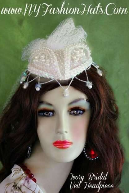 Women's Ivory Satin Beaded Pearl Wedding Veil Headpiece Cocktail Hat - Image 2