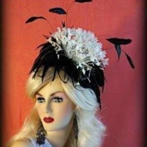 Luxury Wedding Bridal Fascinators, Haute Couture Hats For Women, NYFashionHats, Black Ivory Feather Cocktail Head, Black Satin Headband Hat