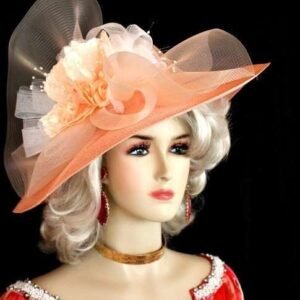 Ladies Peach White Wide Brim Kentucky Derby Hat, Church Special Occasion Bridal Hats, Mother Of The Bride Hat, Hats For Horse Races, 8977