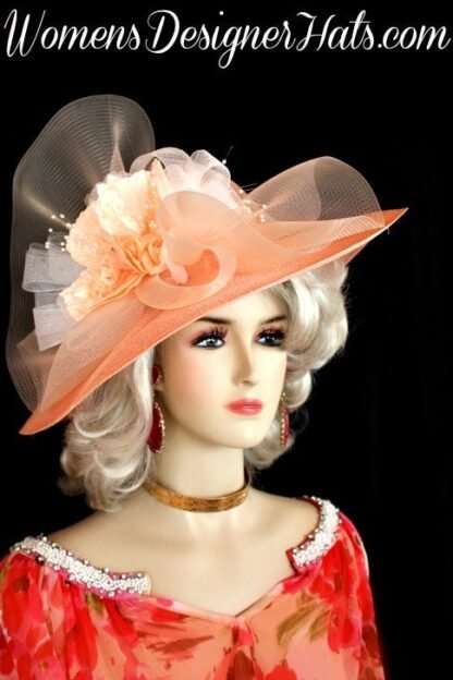 Ladies Peach White Wide Brim Kentucky Derby Hat, Church Special Occasion Bridal Hats, Mother Of The Bride Hat, Hats For Horse Races, 8977