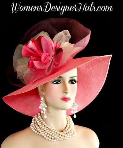 Hot Pink Ivory Wide Brim Couture Designer Hat Fashion Wedding Hats 744 - Image 2