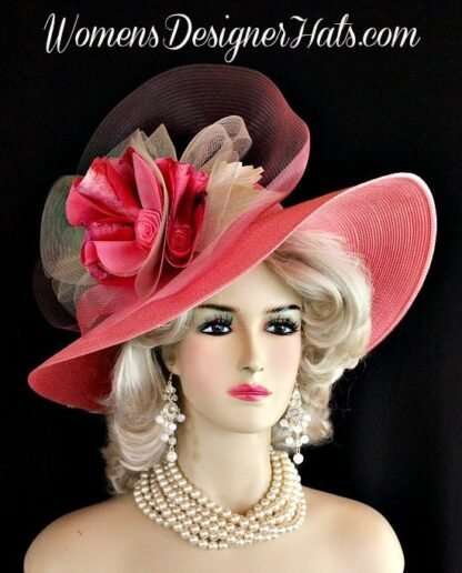 Hot Pink Ivory Wide Brim Couture Designer Hat Fashion Wedding Hats 744