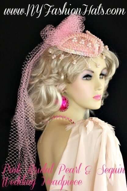 Women's Pink Satin Beaded Pearl Wedding Veil Headpiece Cocktail Hat