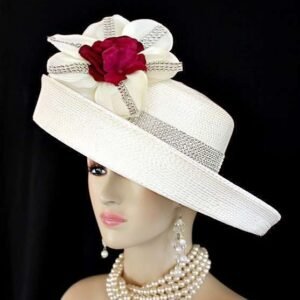 Kentucky Derby Hats, Ivory Fuchsia Wide Brim Straw Braid Rhinestone Church Wedding Special Occasion Hat, Women's Custom Millinery Formal